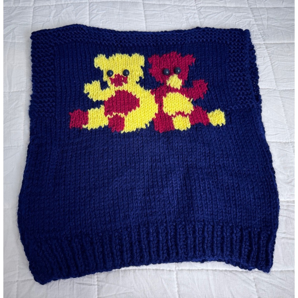 Handmade Knit‎ Baby Vest Blue Two Teddy Bears Applique Buttons